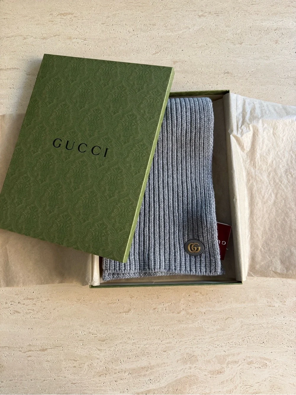 NWT Gucci Grey GG Logo Wool-Cashmere Rectangular Scarf Unisex